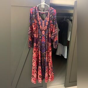 Caballero Boho Floral V-Neck Maxi Dress in Burgundy and Coral
